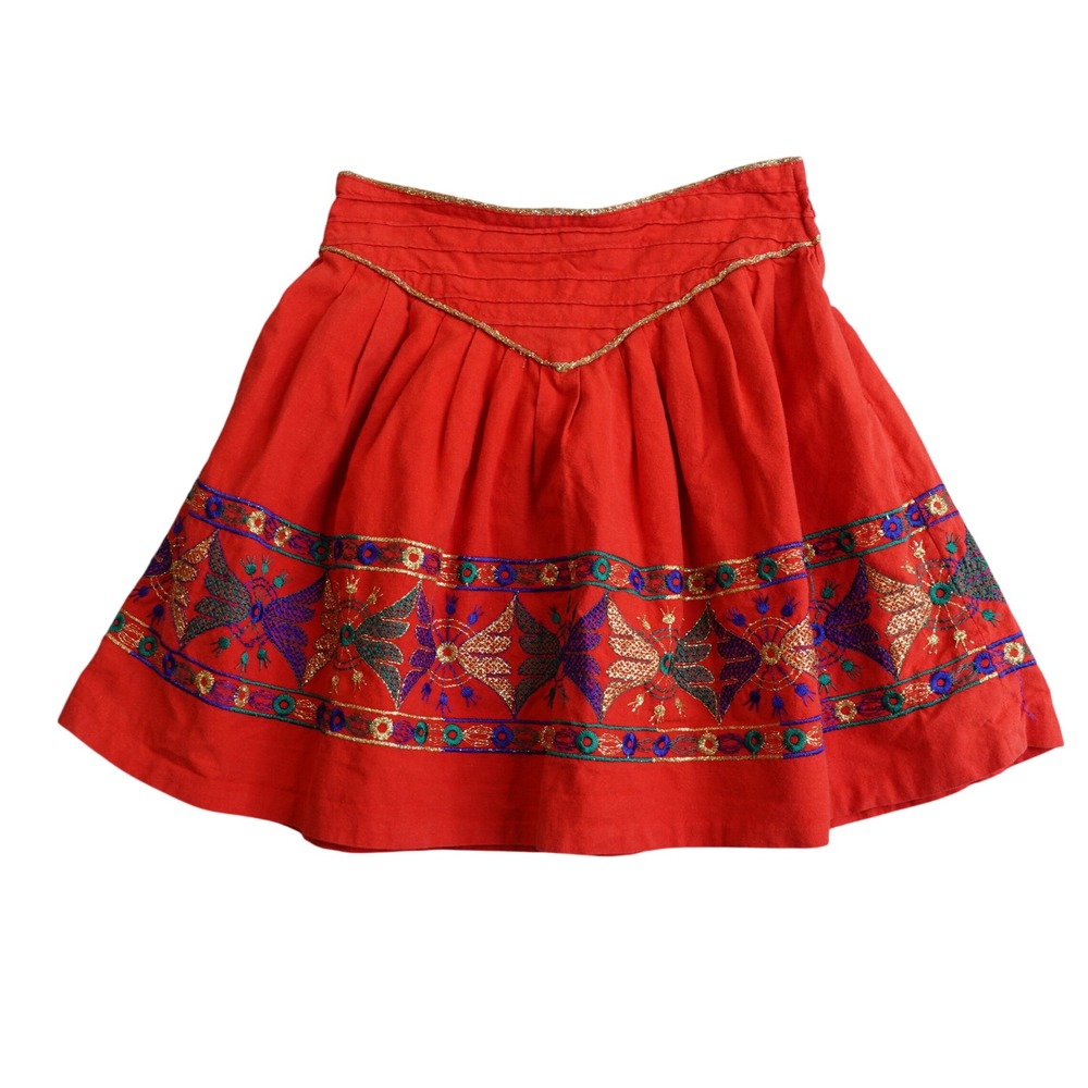 Vintage 70s Girls Embroidered Cotton Mini Skirt 4‎ Red Gold Boho Folk Boho Italy
